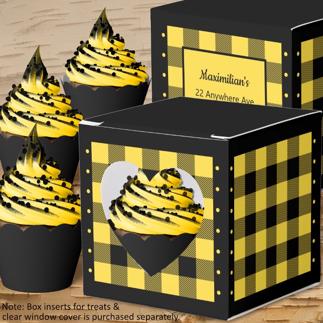 Caixa de Favor com Xadrez de Búfalo - Amarelo e Pr (Buffalo Check - Yellow and Black - Heart Favor Box - Cupcakes - by Leapfroglisics Shop)