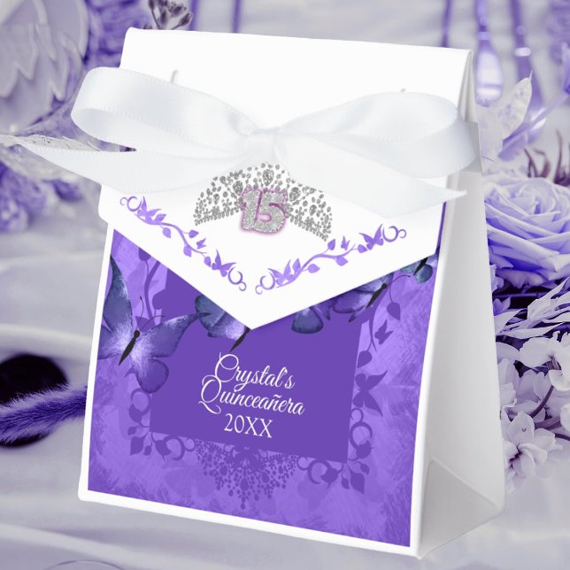 Caixa de Favor da Fita de Quinceanera, Borboleta R (purple silver crown tiara quinceanera party favor bag personalized gift bag purple butterflies)