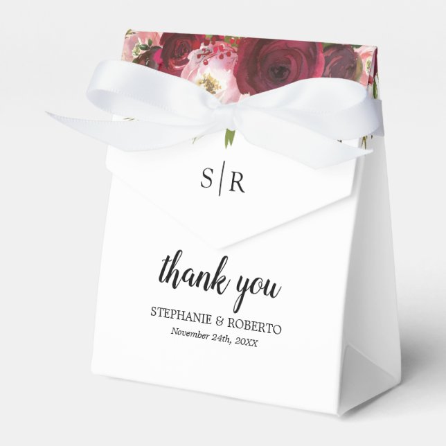Caixa de Favor de Casamento Floral Burgundy Rústic (Frente)