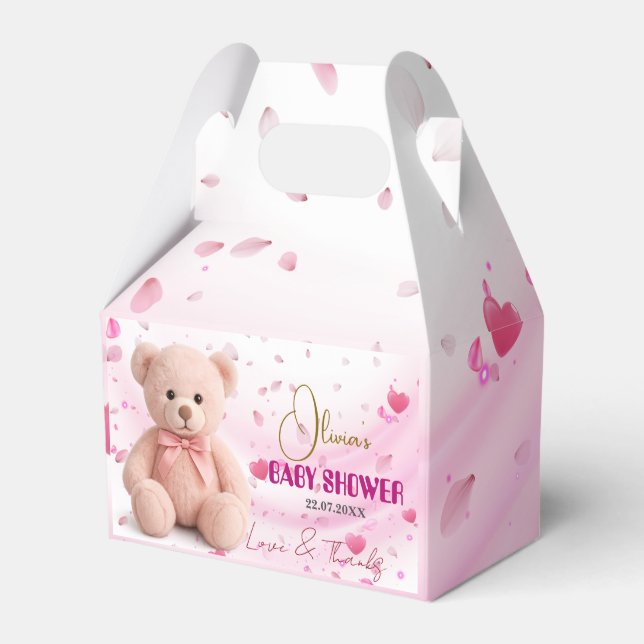 Caixa de Favor de Chá de Bebê Urso Teddy Rosa - Ed (Frente)