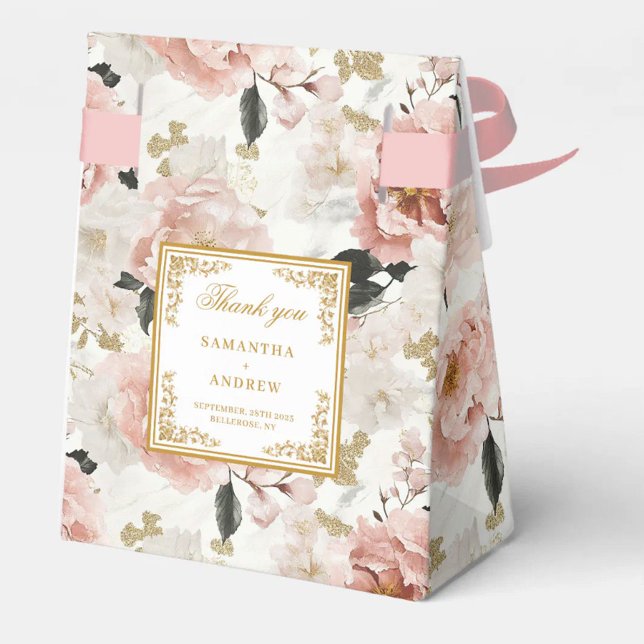 Caixa de Favor do Casamento Dourado de Marfim, Ros (Luxurious Dusty Pink Ivory Gold Wedding Favor Box)