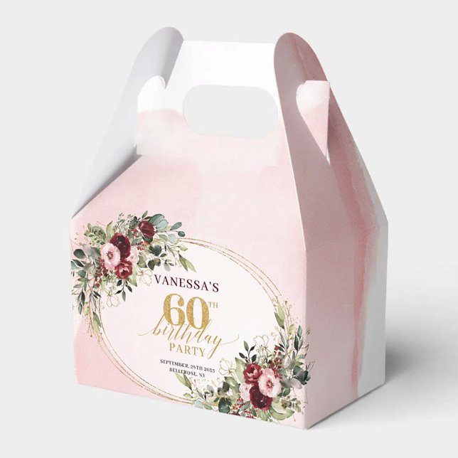 Caixa de Favor Elegante Boho Burgundy Dourado Flor (Elegant Boho Burgundy Blush Roses 60th Birthday Box

)