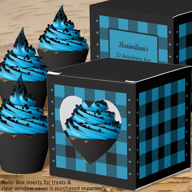 Caixa de Favor em Xadrez de Búfalo - Azul e Preto  (Buffalo Check - Blue and Black - Heart Favor Box - Cupcakes - by Leapfroglisics Shop)
