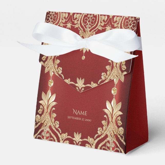 Caixa de Favor Moderne Dourada com Floral Vermelho (Frente)