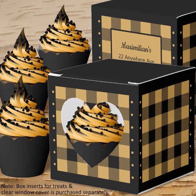 Caixa de Favor - Xadrez de Búfalo - Dourado e Pret (Buffalo Check - Gold and Black - Heart Favor Box - Cupcakes - by Leapfroglisics Shop)