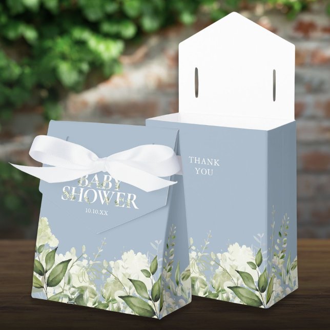 Caixa de Favoritos do Chá de fraldas Foliage Azul  (Dusty Blue Greenery Foliage Baby Shower Favor Box)