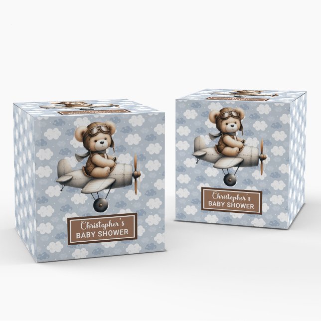 Caixa de Favoritos do Piloto do Urso de Teddy Repr (Playful Teddy Bear Pilot Baby Shower Favor Box)