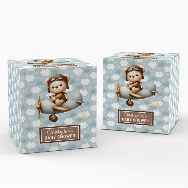 Caixa de Favoritos do Piloto do Urso na moda Teddy (Stylish Teddy Bear Pilot Blue Party Favor Box)