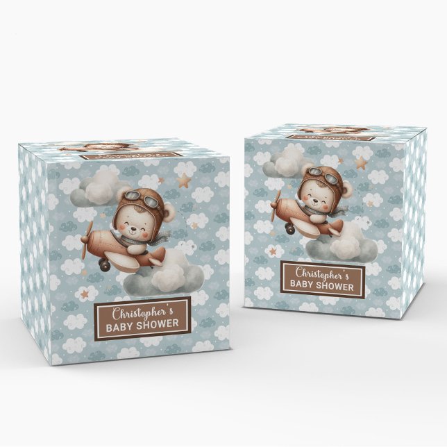 Caixa de Favoritos do Piloto Urso de Teddy Rustic (Rustic Teddy Bear Pilot Baby Shower Favor Box)