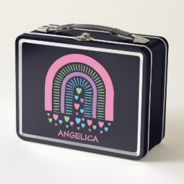 Caixa de Lanche de Metal Boho Arco-Íris Corações e