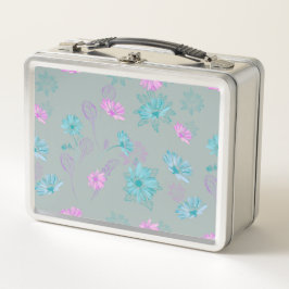 Caixa de lanche de metal floral azul claro e rosa