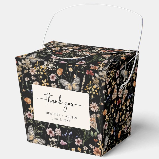Caixa de Lembrança de Casamento Preta Boho (Black Boho Wildflower Wedding Favor Box by Painted Paperie
)