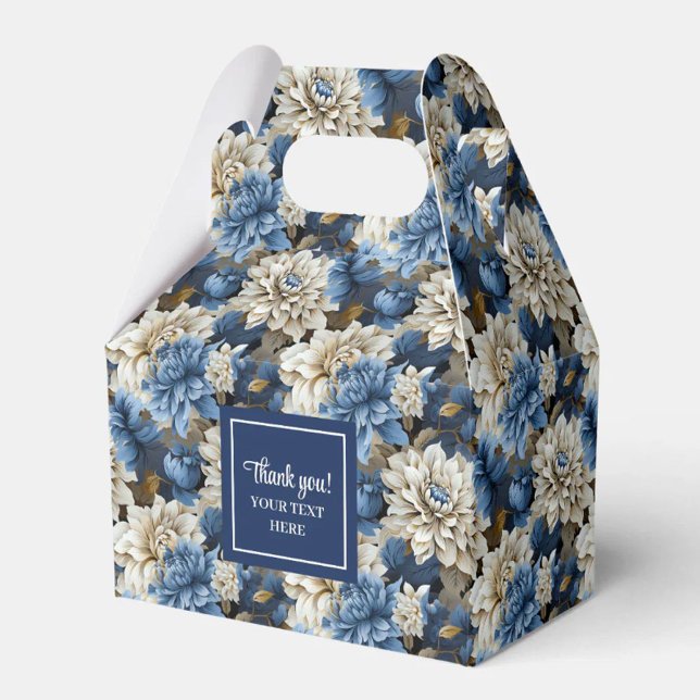 Caixa de Lembrança Personalizada com Flores em Azu (Stylish Navy Blue Flowers Custom Name Favor Box)