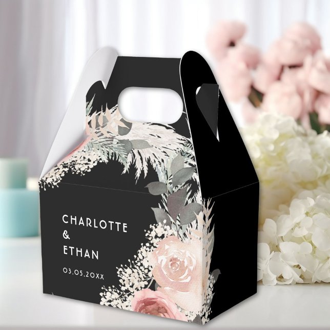Caixa de presente Boho Floral (Personalized Boho Floral Wedding Black Favor Boxes with your Name & Date.)