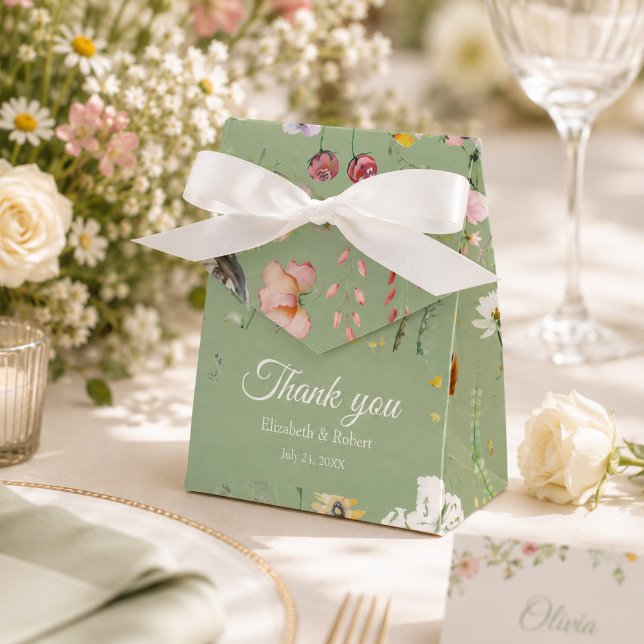 Caixa de Presente de Casamento com Flor Silvestre  (Sage Green Wildflower Wedding Favor Box)