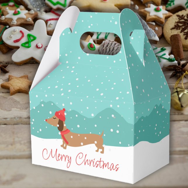 Caixa de Presente de Natal do Dachshund na Neve  (Dachshund Christmas gift boxes and wiener dog holiday treat favor box)