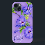 Caixa roxa azul do ipad do hibiscus conhecido &<br><div class="desc">Exemplo floral do hibiscus bonito das belas artes para seu ipad. Personalize com seus nome e inicial. Este exemplo lê: Design de Rachel W. Original e pintura da aguarela por Sarah Trett.</div>