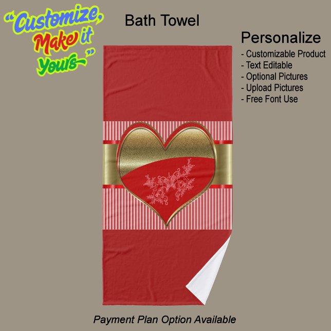 Caixas de Corações de Toalhas de Banho (Boxes of Hearts Bath Towel Featuring a Red Background.)