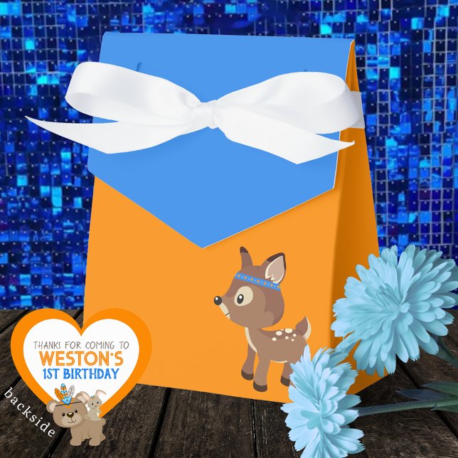 Caixas de Favor de Tratamento Laranja e Azul de Ce (Wild One Woodland Deer Favor Boxes in Royal Blue and Orange. Personalized Backside)