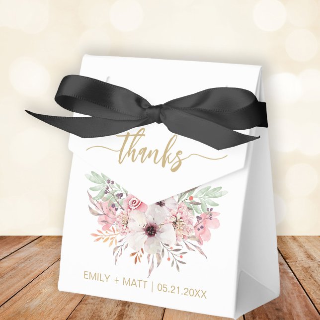 Caixas de Favor Floral Rosa Rústico de Agradecimen (Stylishly Personalize with Your Custom Names & Date.)