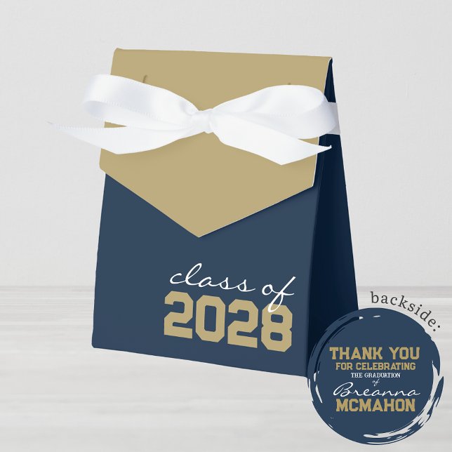 Caixas de Favoritos da Graduação Dourada de Azul e (Navy Blue and Taupe Gold Graduation Favor Gift Boxes for any Class Year)