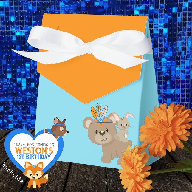 Caixas de Favoritos de Um Urso Selvagem Laranja e  (Personalized Wild One Bear and Bunny Baby Blue & Orange Treat Favor Boxes)