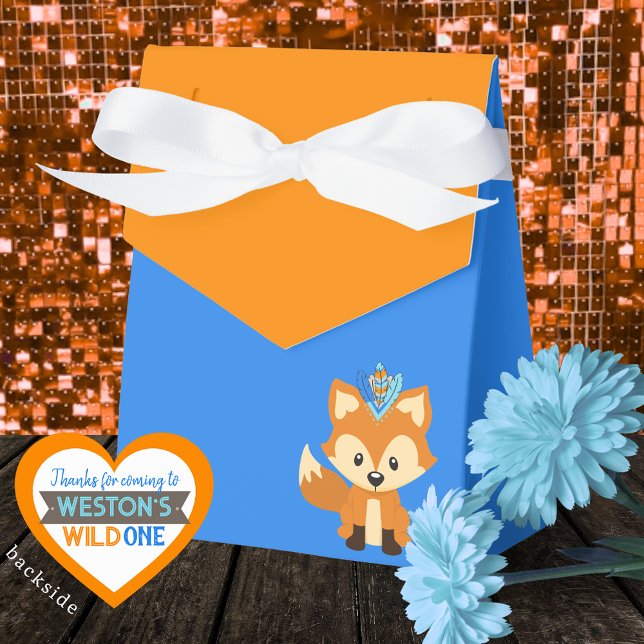 Caixas de Favoritos de Uma Raposa Selvagem Azul e  (Wild One Forest Fox Royal Blue & Orange Treat Favor Boxes. Personalized Backside)