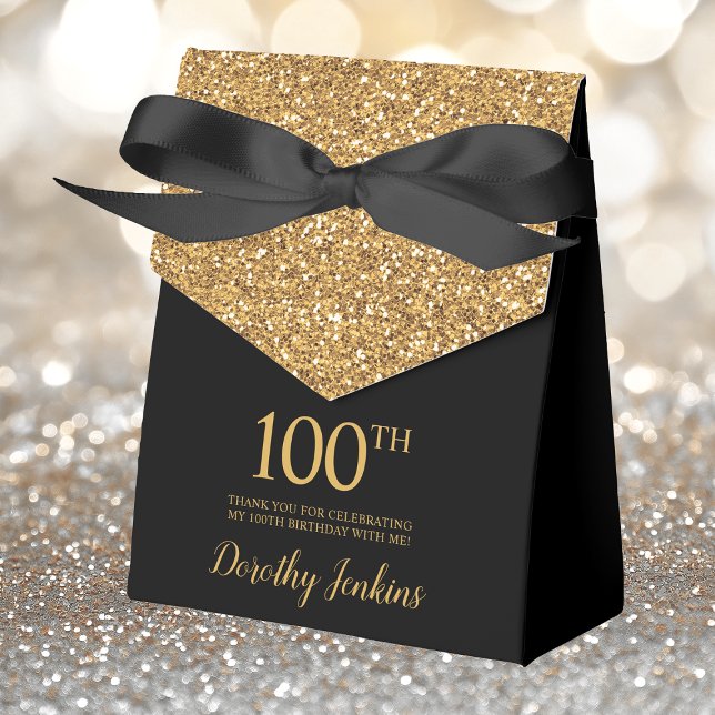 Caixinha De Lembrancinhas 100º Aniversário Glitter Dourado Negro Obrigado (Criador carregado)