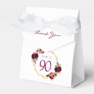 Caixinha De Lembrancinhas 90 Birthday burgundy gold geométrico floral branc