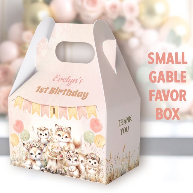 Caixinha De Lembrancinhas Animais da Floresta Boho Pastel primeiro aniversar (Woodland Animals Small Gable Favor Boxes - You can choose from 3 sizes of these gable favor boxes)