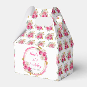 Caixinha De Lembrancinhas Aniversário das Flores Elegantes Douradas e Rosa Q