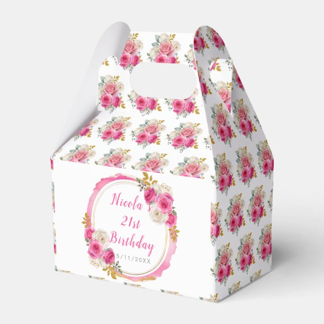 Caixinha De Lembrancinhas Aniversário das Flores Elegantes Douradas e Rosa Q (Frente)
