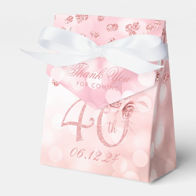 Caixinha De Lembrancinhas aniversário de 40 anos Dourada Obrigado Luzes Flor (Frente)