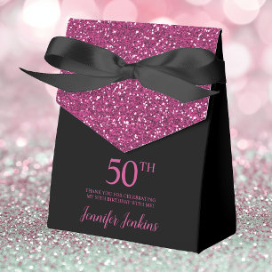 Caixinha De Lembrancinhas Aniversário de 50 anos Preto Rosa Quente Brilho Ag