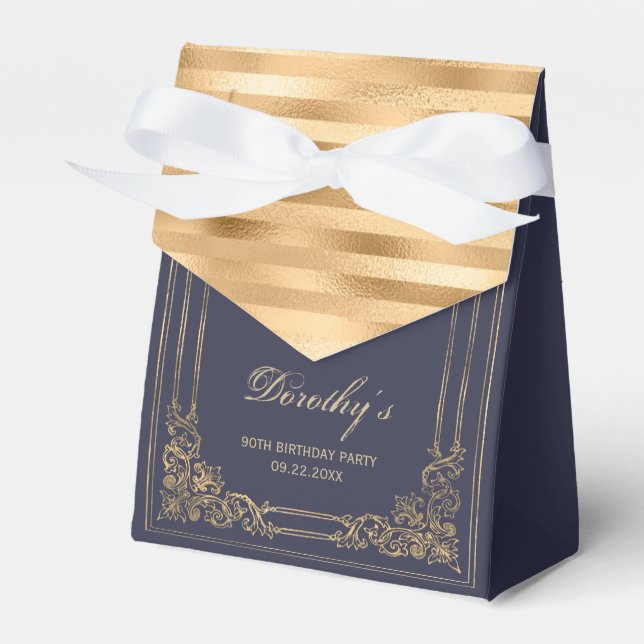 Caixinha De Lembrancinhas Aniversário de 90 anos Elegante Preto Azul Dourado (Frente)