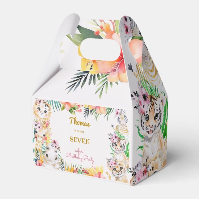 Caixinha De Lembrancinhas Aniversário de criança de safari selvagem dourado (Frente)