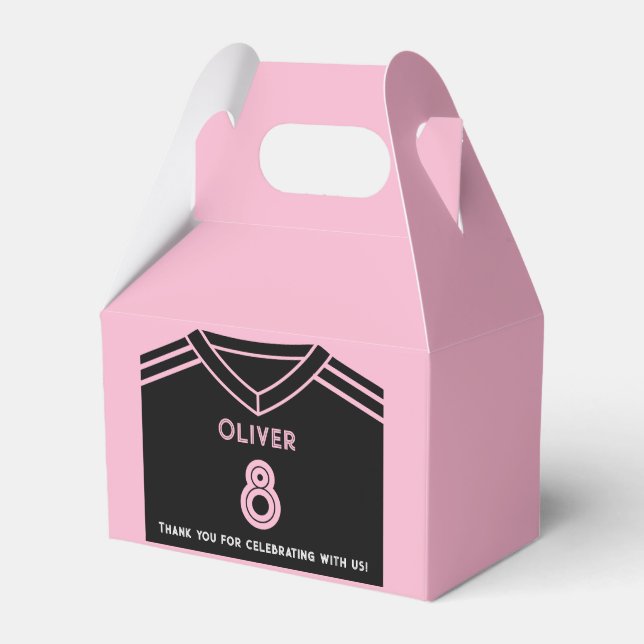 Caixinha De Lembrancinhas Aniversário do Partido Miami Pink e Black Soccer (Frente)
