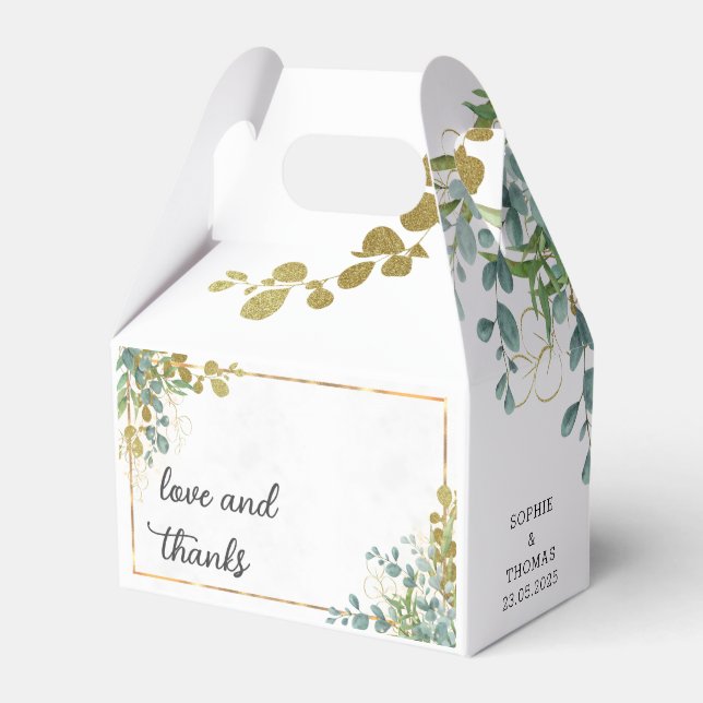 Caixinha De Lembrancinhas Aquarela de eucalipto verde e dourado (Frente)