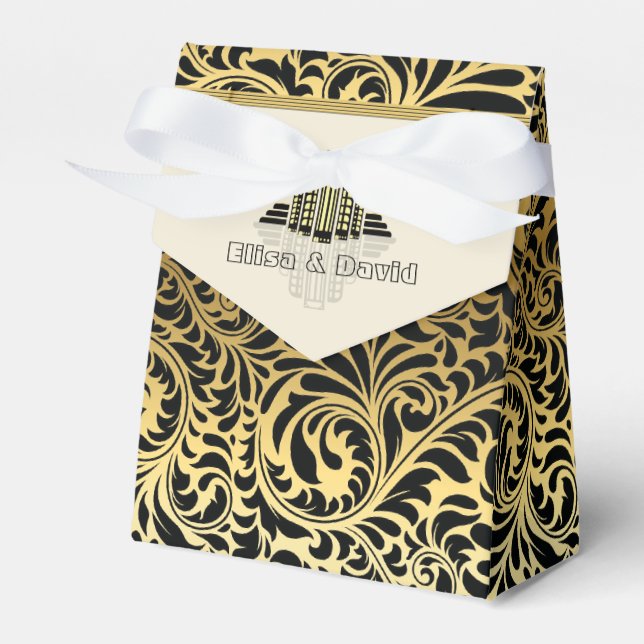 Caixinha De Lembrancinhas Art Deco abstrato edifícios negros, casamento dour (Frente)