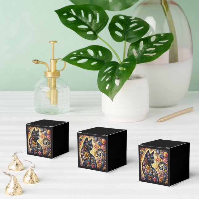 Caixinha De Lembrancinhas Arte Floral Abstrato de Gato Negro (Múltiplo)