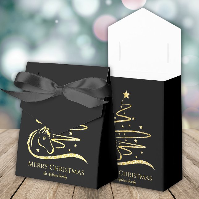 Caixinha De Lembrancinhas Árvore de Natal Dourada da Equestre (Horse Christmas tree gold glitter and black gift boxes, personalized,)