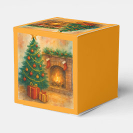 Caixinha De Lembrancinhas Árvore de Natal em Aquarela & Lareira Aconchegante