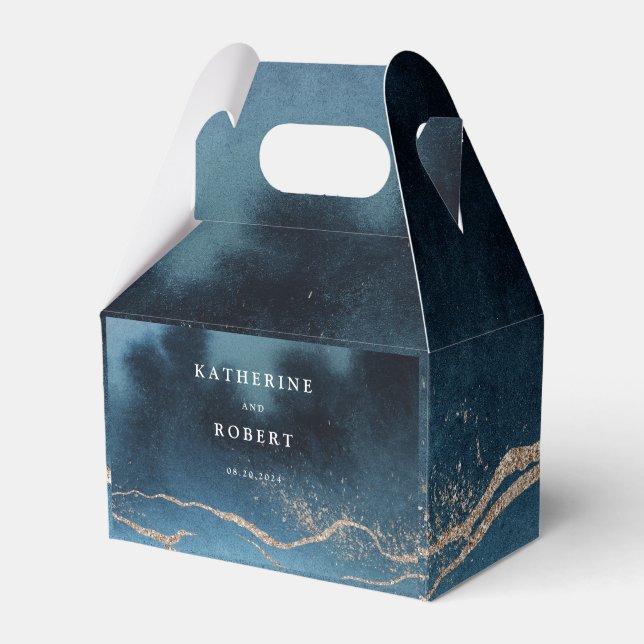 Caixinha De Lembrancinhas Azul Noite Aquarela Paisagem Monograma Casamento (Frente)