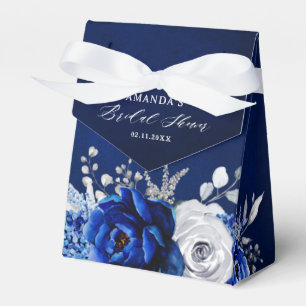 Caixinha De Lembrancinhas Azul Real Branco Metálico Prata Floral Casamento F