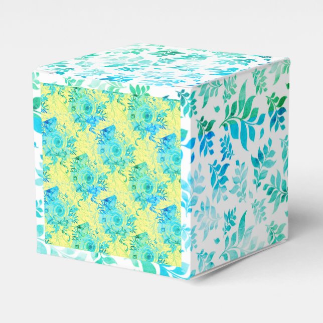 Caixinha De Lembrancinhas Azul Turquesa com Amarelo e Branco, Floral (Frente)