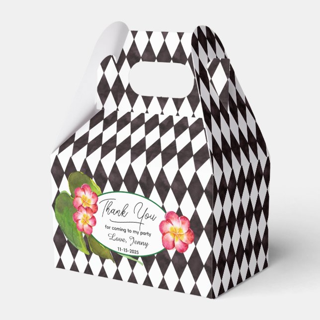 Caixinha De Lembrancinhas Azulejo Diamante preto e branco com flores tropica (Frente)