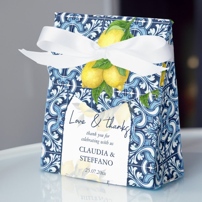 Caixinha De Lembrancinhas Azulejos azuis e limão obrigado de casamento itali (Blue tiles and lemon Amalfi Italian wedding thank Favor Box)