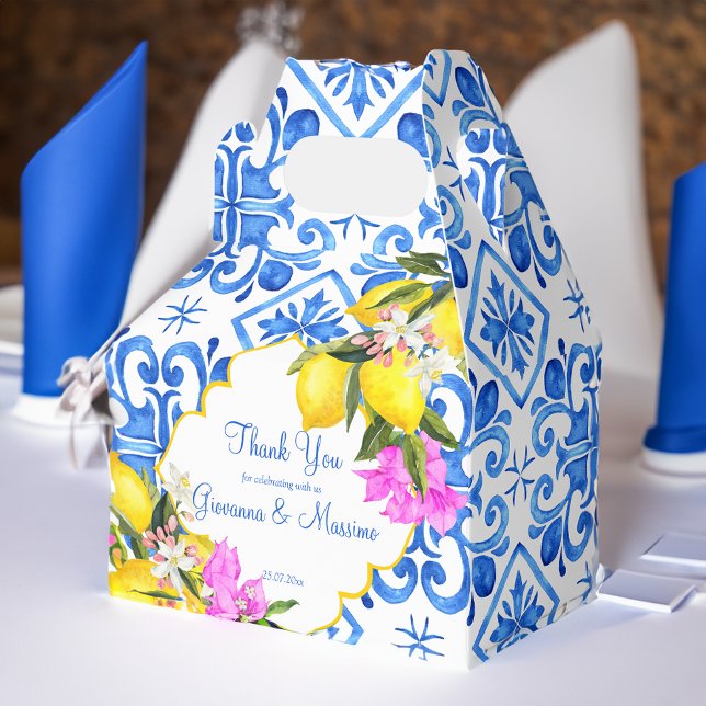 Caixinha De Lembrancinhas Azulejos azuis limão Bougainvillea presente de cas (Blue tiles lemon Bougainvillea custom wedding gift Favor Box)