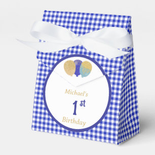 Caixinha De Lembrancinhas Balões de Brilho Gingham Azul Personalizados com 3