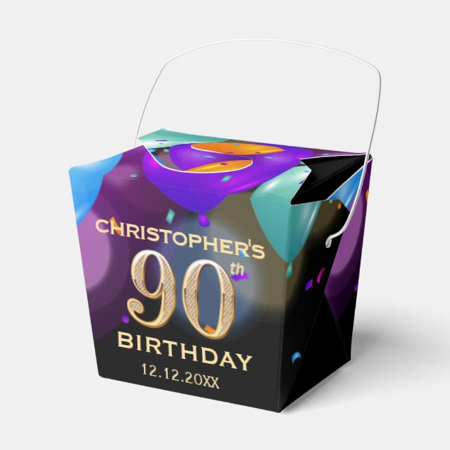 Caixinha De Lembrancinhas Balões Festa de aniversário, preto e Dourado (Frente)